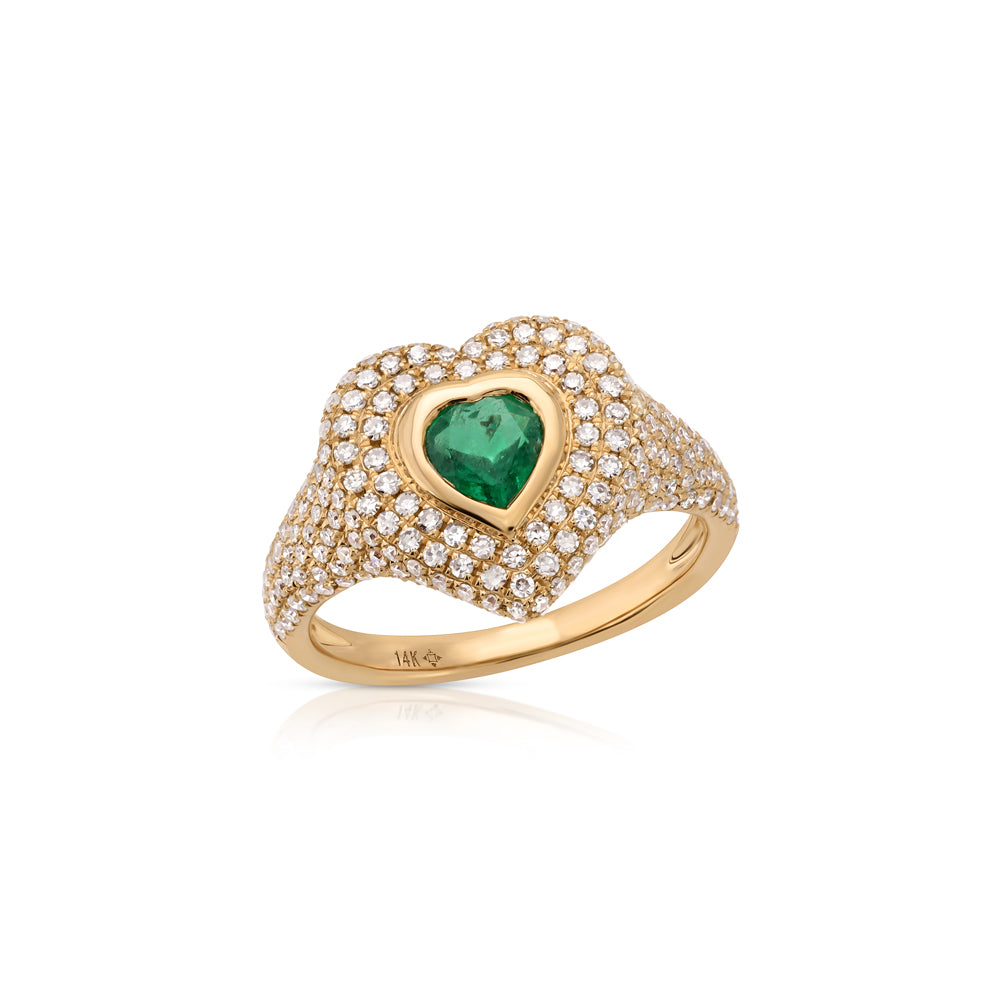 14K Rose Gold Diamond Pave and Emerald Heart Pinky Ring