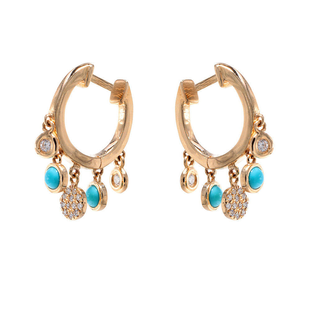 14k yellow gold huggy with turquoise and diamond multiple drops