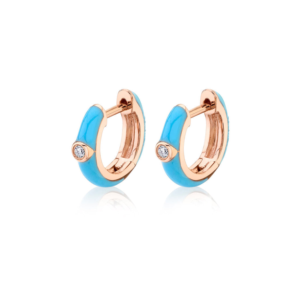 14K Rose Gold Turquoise Enamel and Diamond Huggy
