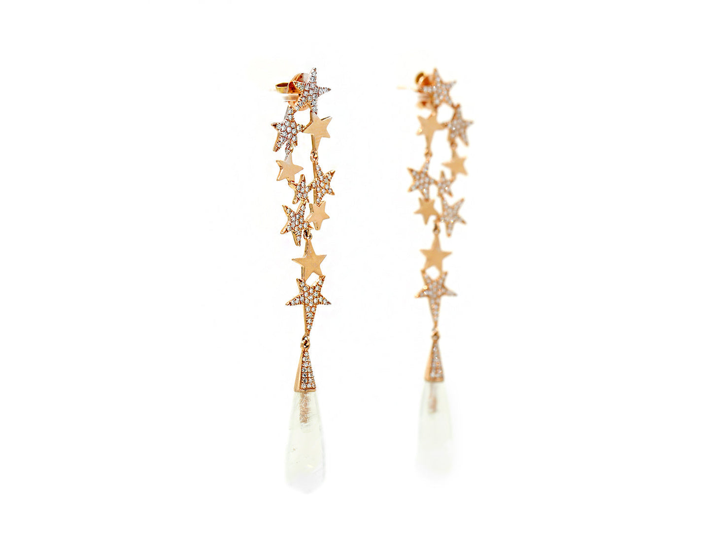 14K T Rose Gold Diamond Pave and Diamond Star Cluster Moonstone Drop Earrings