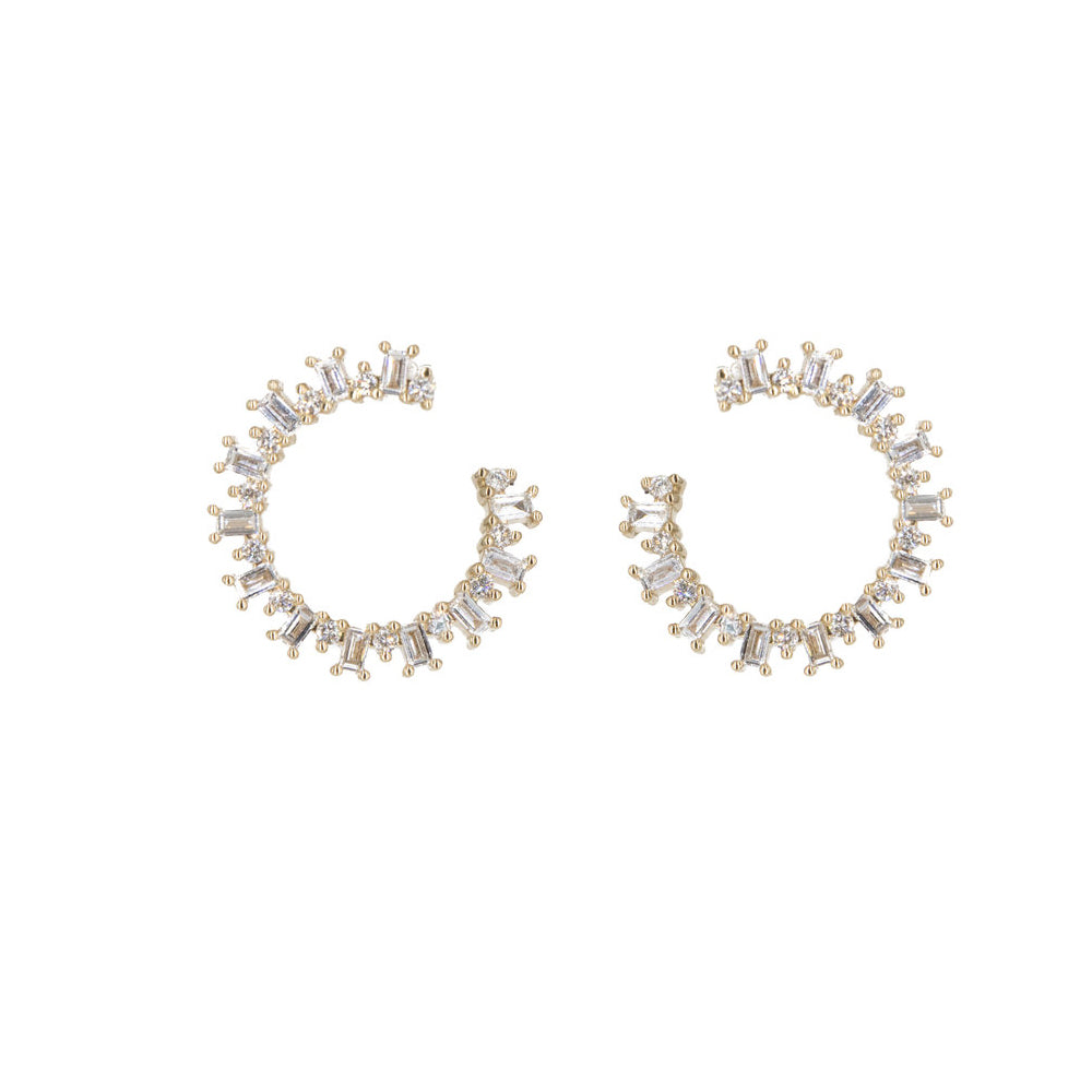 14KT Yellow Gold Diamond Baguette and Diamond Front Facing Stud Hoop