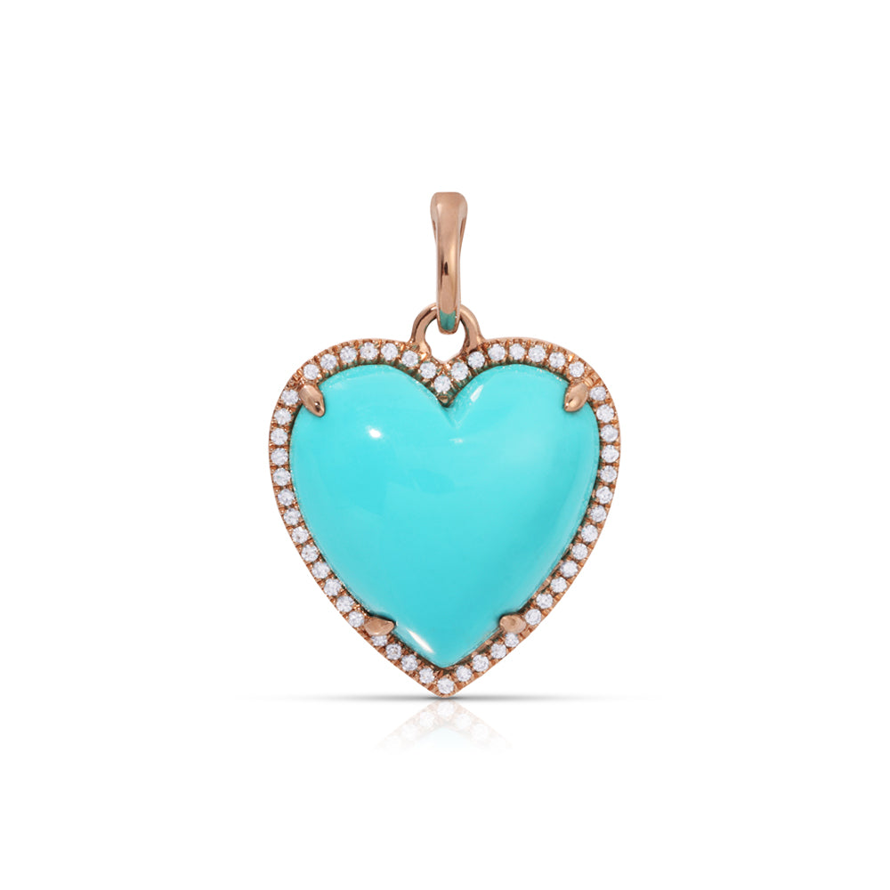 14K Rose Gold Diamond Pave and Turquoise Detachable Heart Charm Heart Pendant