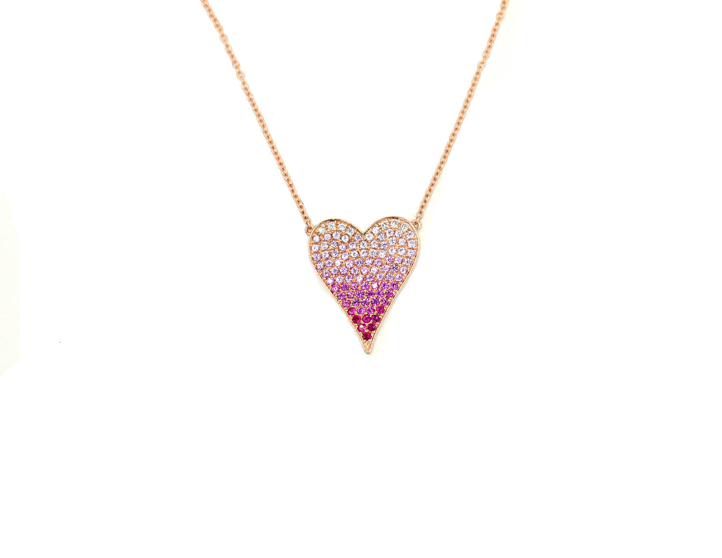 14k Rose Gold Multi Color Pink Sapphire Ombré Heart Necklace