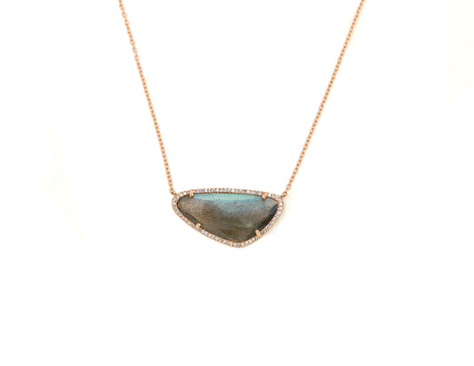 14k Rose Gold Diamond Pave and labradorite slice necklace