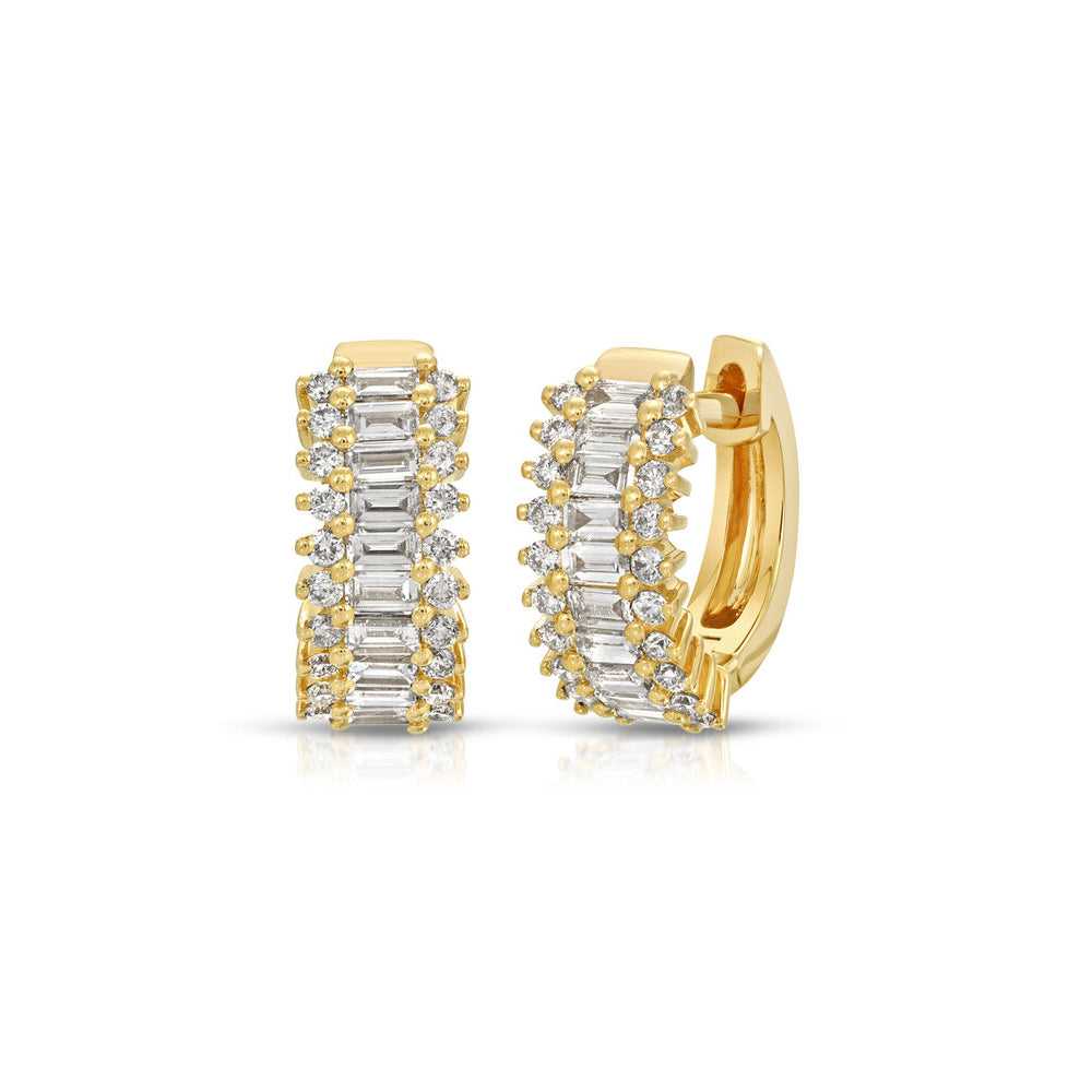 14K Yellow Gold Diamond Baguette and Diamond Huggy Earrings