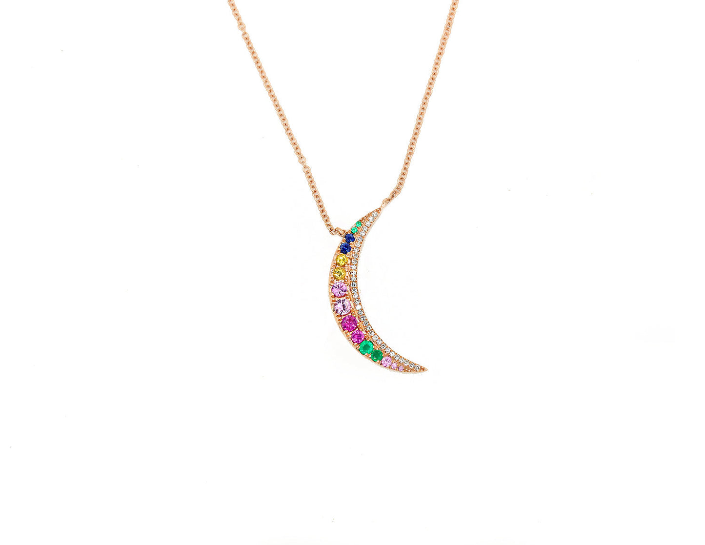 14k rose gold rainbow sapphire moon necklace