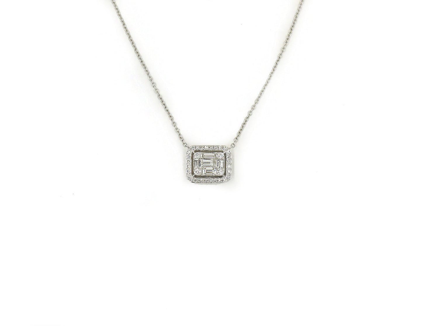 14k White Gold Diamond Pave and Baguette Pendant Necklace