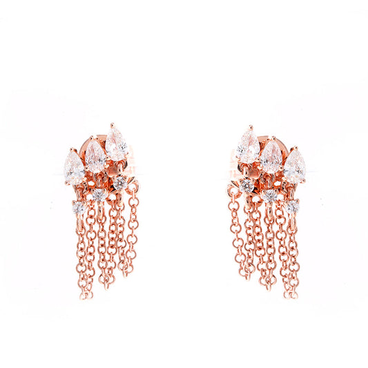 14K Gold Three Row Diamond and Chain Earring