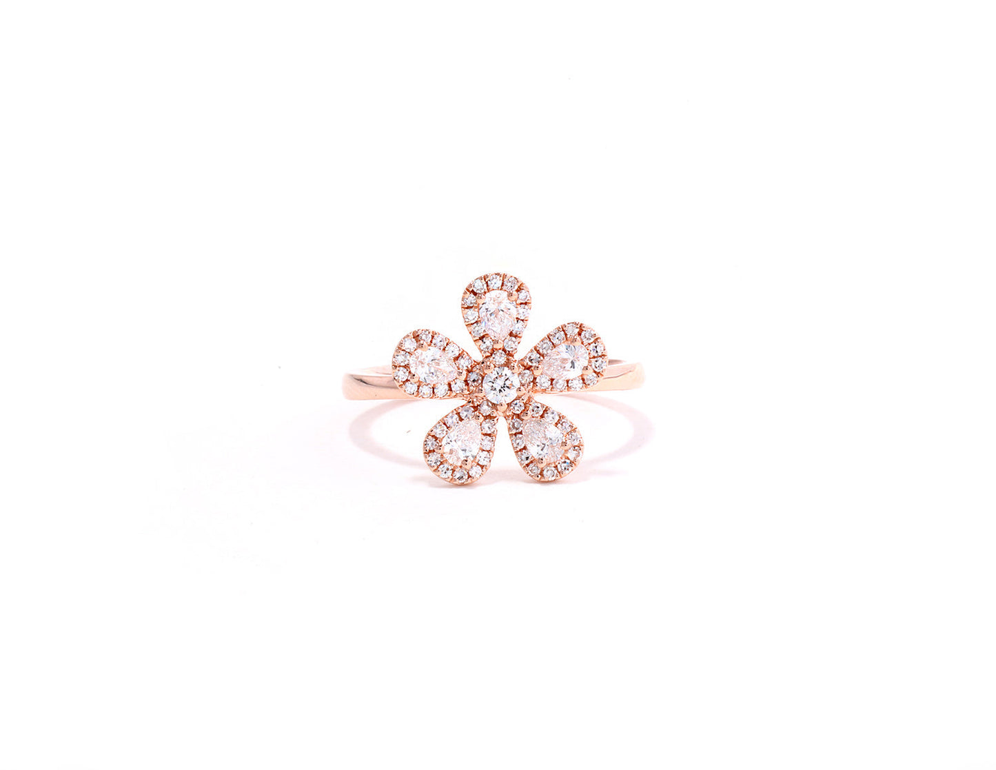 14K Rose Gold Diamond Pave and Diamond Flower Ring