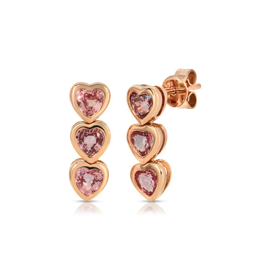 14K Rose Gold Triple Pink Sapphire Heart Drop Earrings