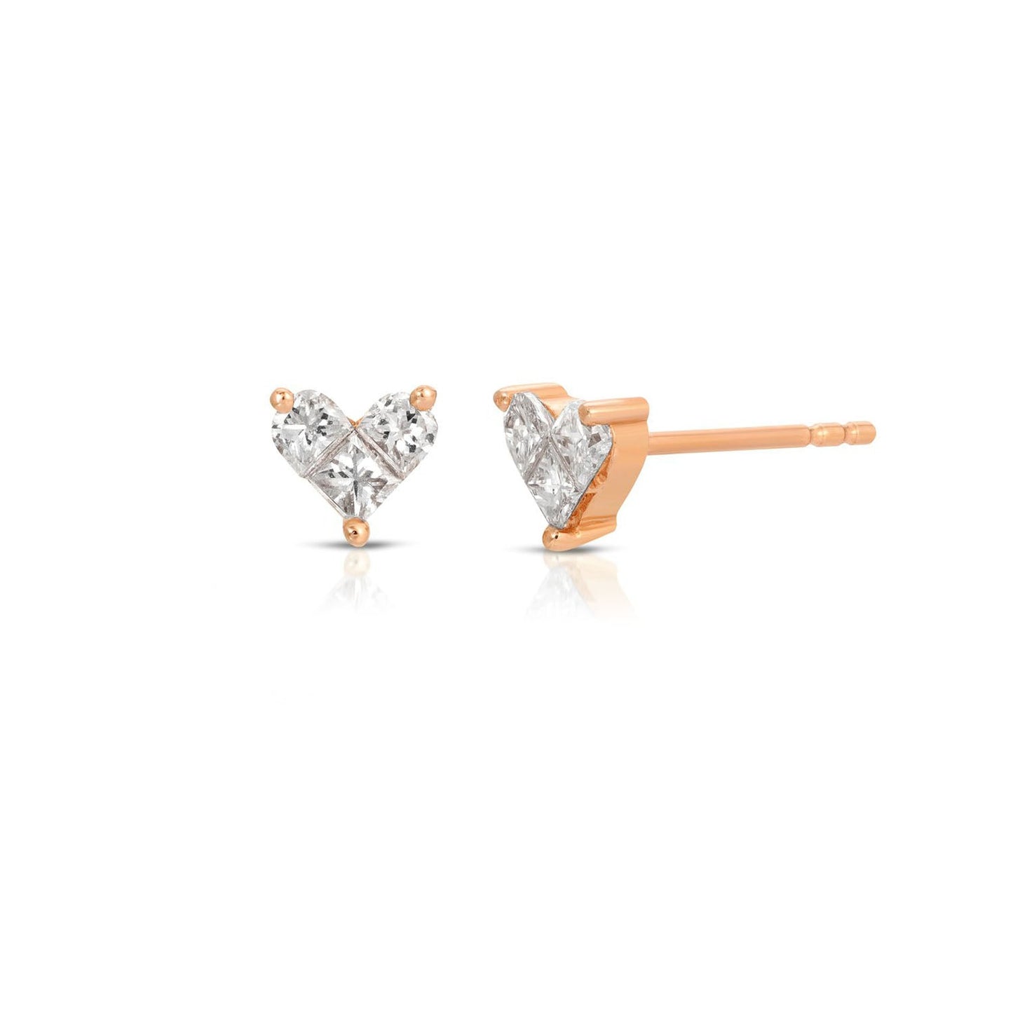 14K Rose Gold Three Diamond Heart Studs