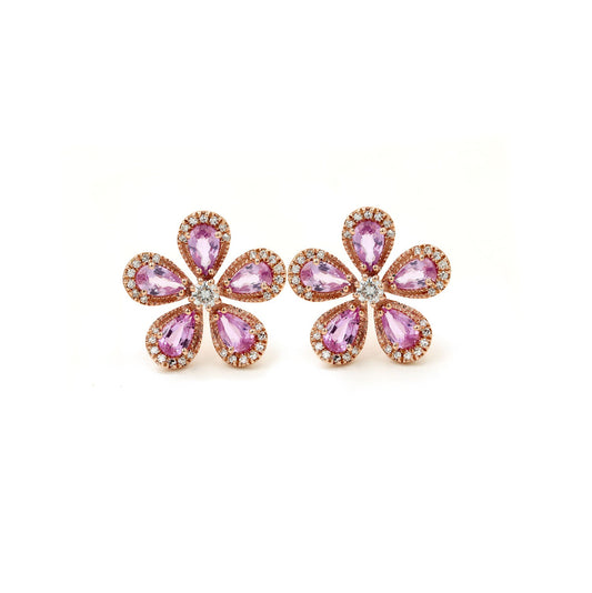 14KT Rose Gold Diamond Pave And Pink Sapphire Flower Stud Earrings
