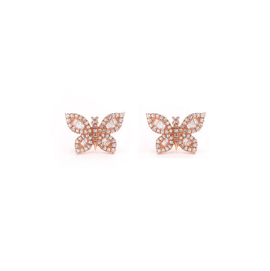 14k Rose Gold Diamond Pave and Diamond Baguette Butterfly Earrings