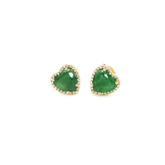 14k Yellow Gold Emerald and Diamond Pave Heart Studs