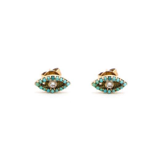 14k Rose Gold Diamond and Turquoise Evil Eye Studs Diamonds