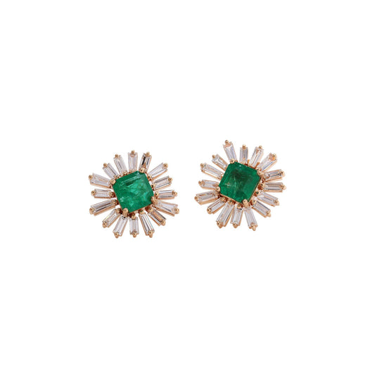 14k Yellow Gold Diamond & Emerald Studs Diamond