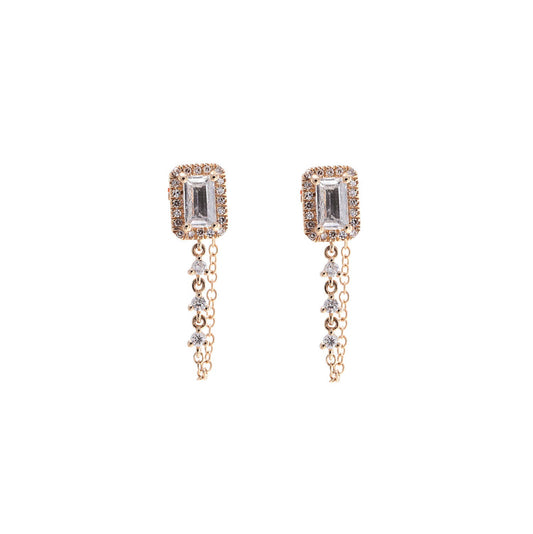 14k Yellow Gold Diamond & White Topaz Studs with Hanging Chain
