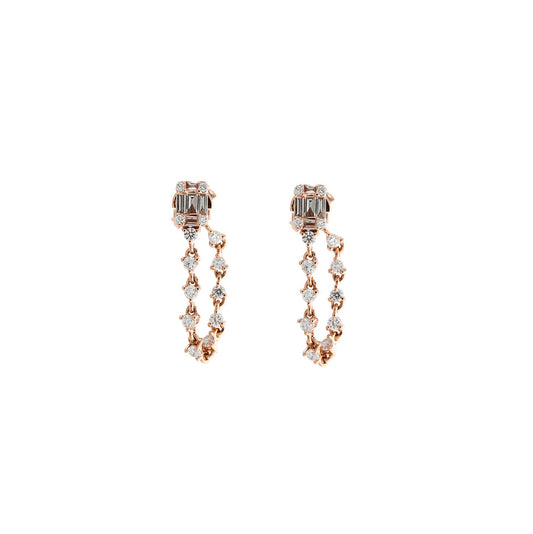 14k Rose Gold Diamond Baguette and Diamond Chain Studs