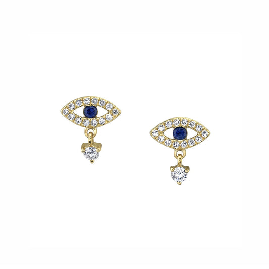 14k Rose Gold Diamond Pave and Sapphire Evil Eye Stud with Diamond Drop
