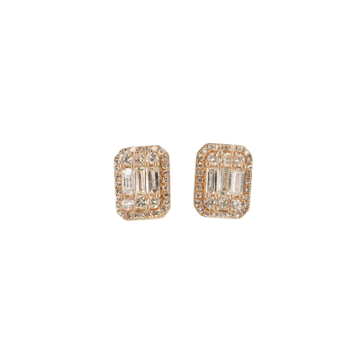 14KT Rose Gold Diamond Pave and Diamond Baguette Studs