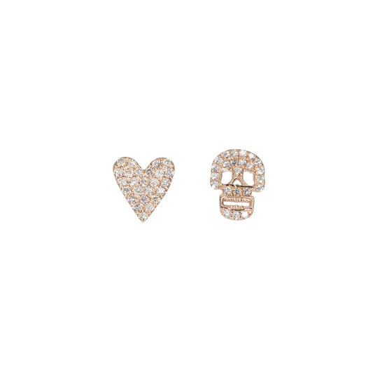 14KT Rose Gold Diamond Pave Heart and Skull Studs