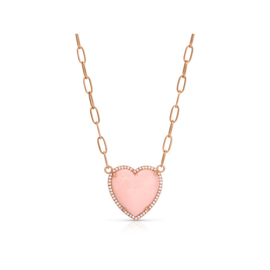 14K Rose Gold Diamond Pave and Pink Opal Heart on Paperclip Chain