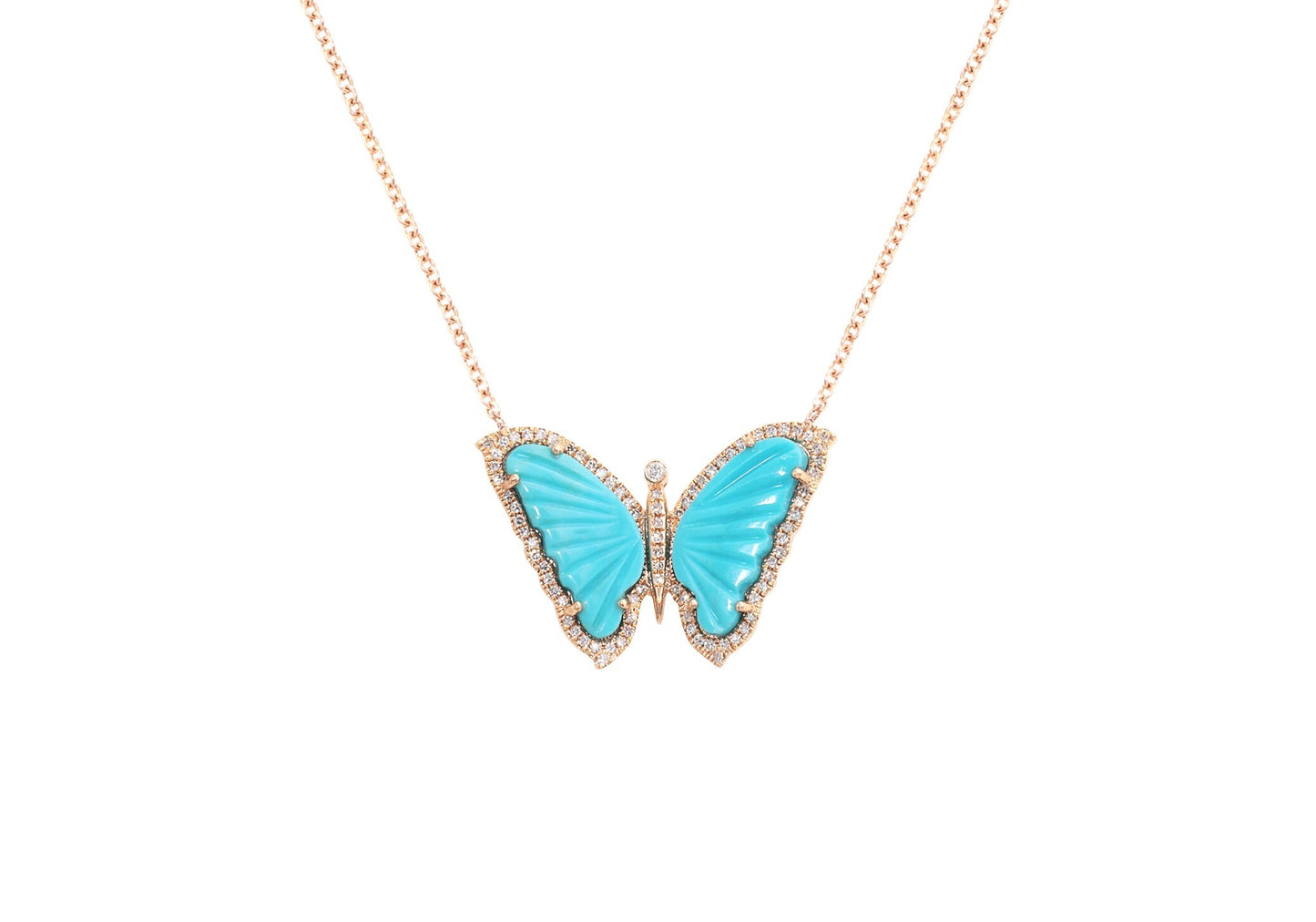 14k Rose Gold Diamond Pave & Turquoise Butterfly Necklace