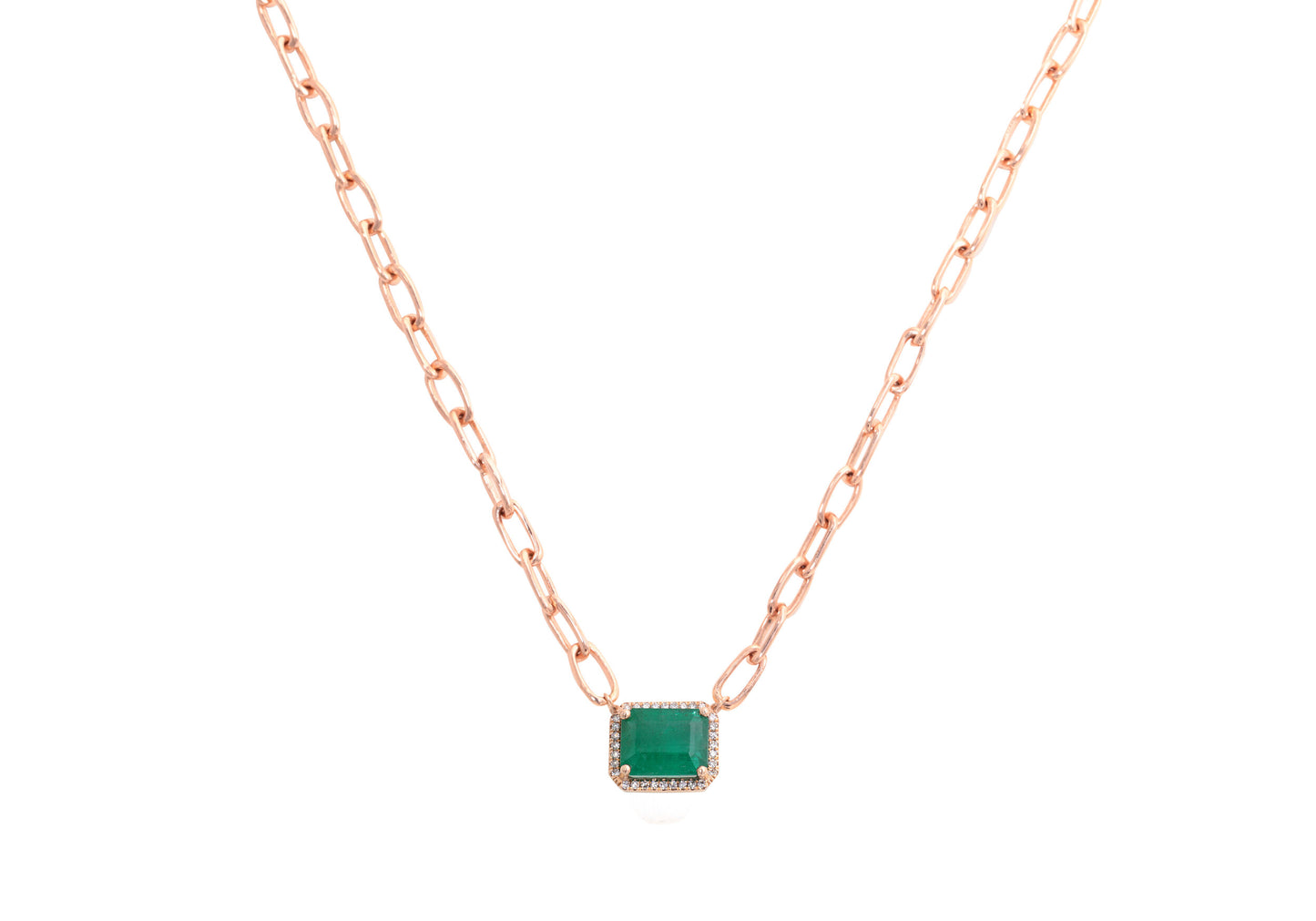 14K Rose Gold Chain Link, Emerald and Diamond Pave Necklace
