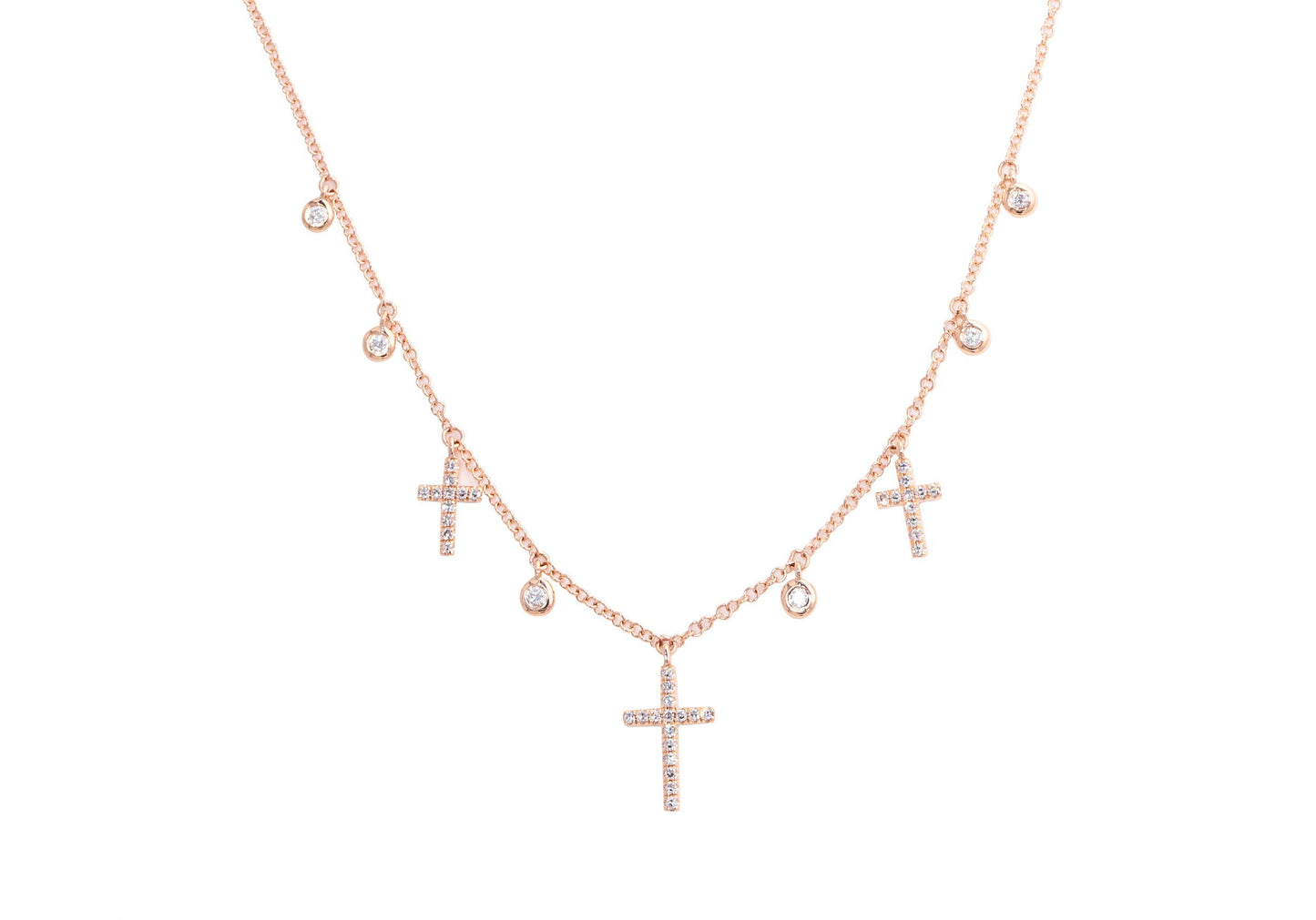 14k Rose Gold Diamond Pave Crosses and Diamond Bezel Set Multiple Charm Necklace