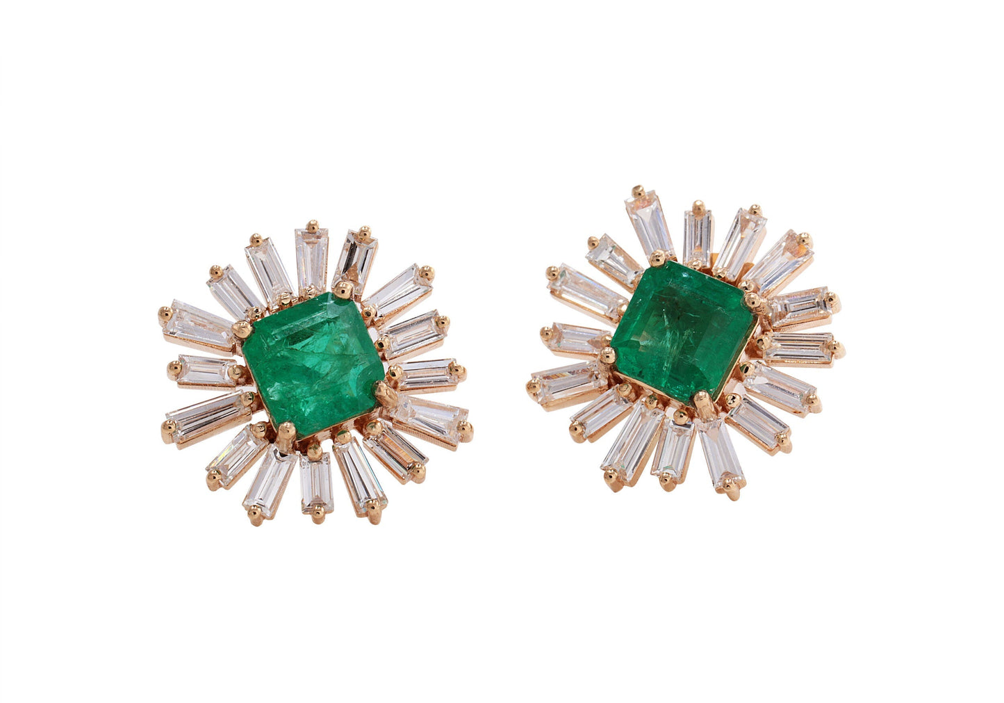 14k Yellow Gold Diamond & Emerald Studs Diamond