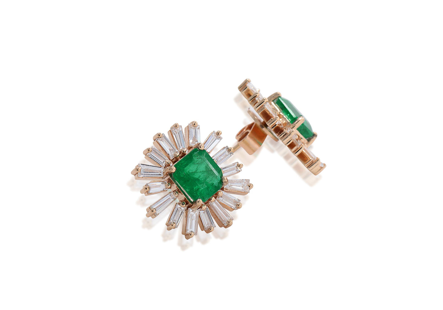 14k Yellow Gold Diamond & Emerald Studs Diamond