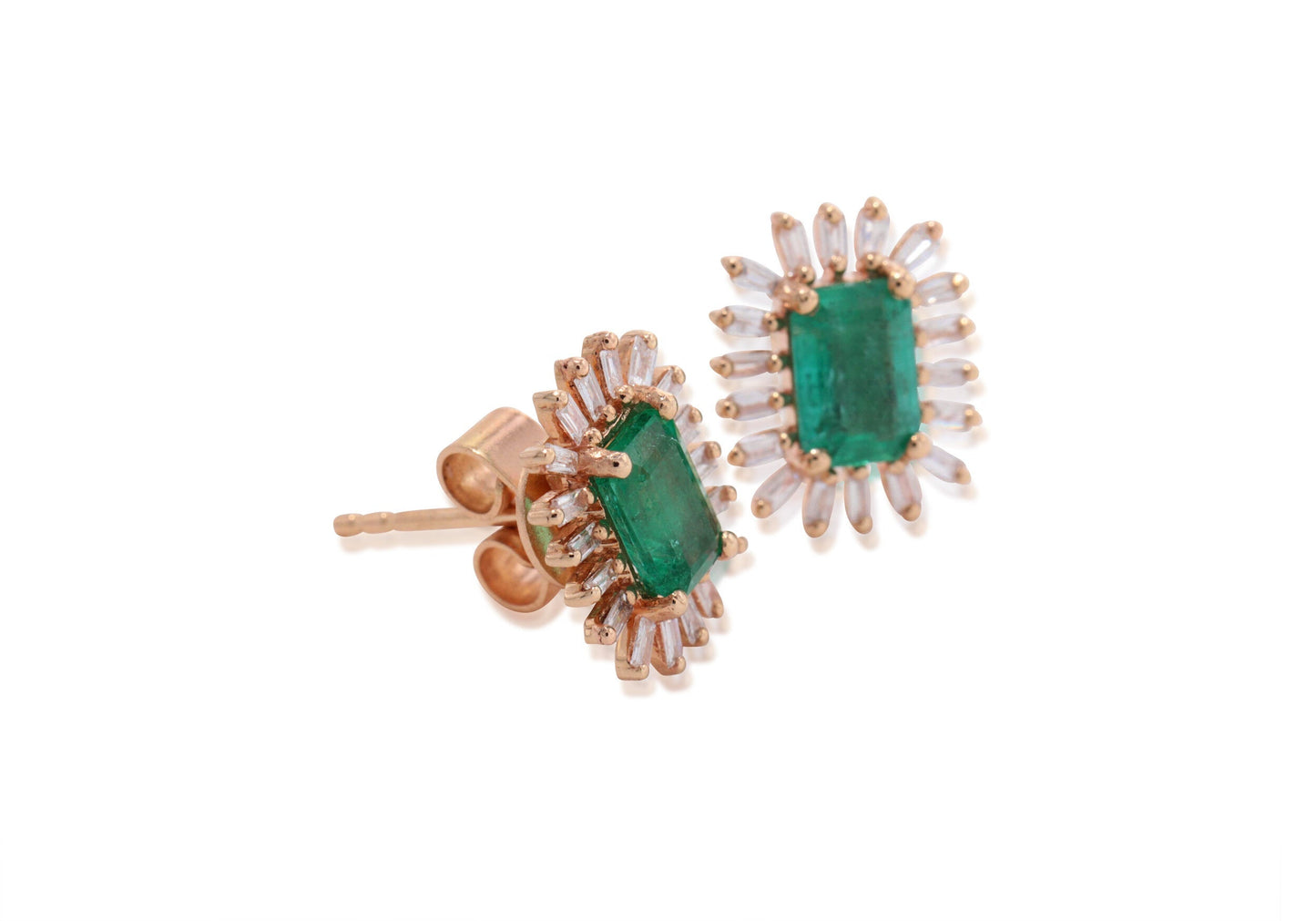 14k Rose Gold Diamond Baguette &amp; Emerald Studs