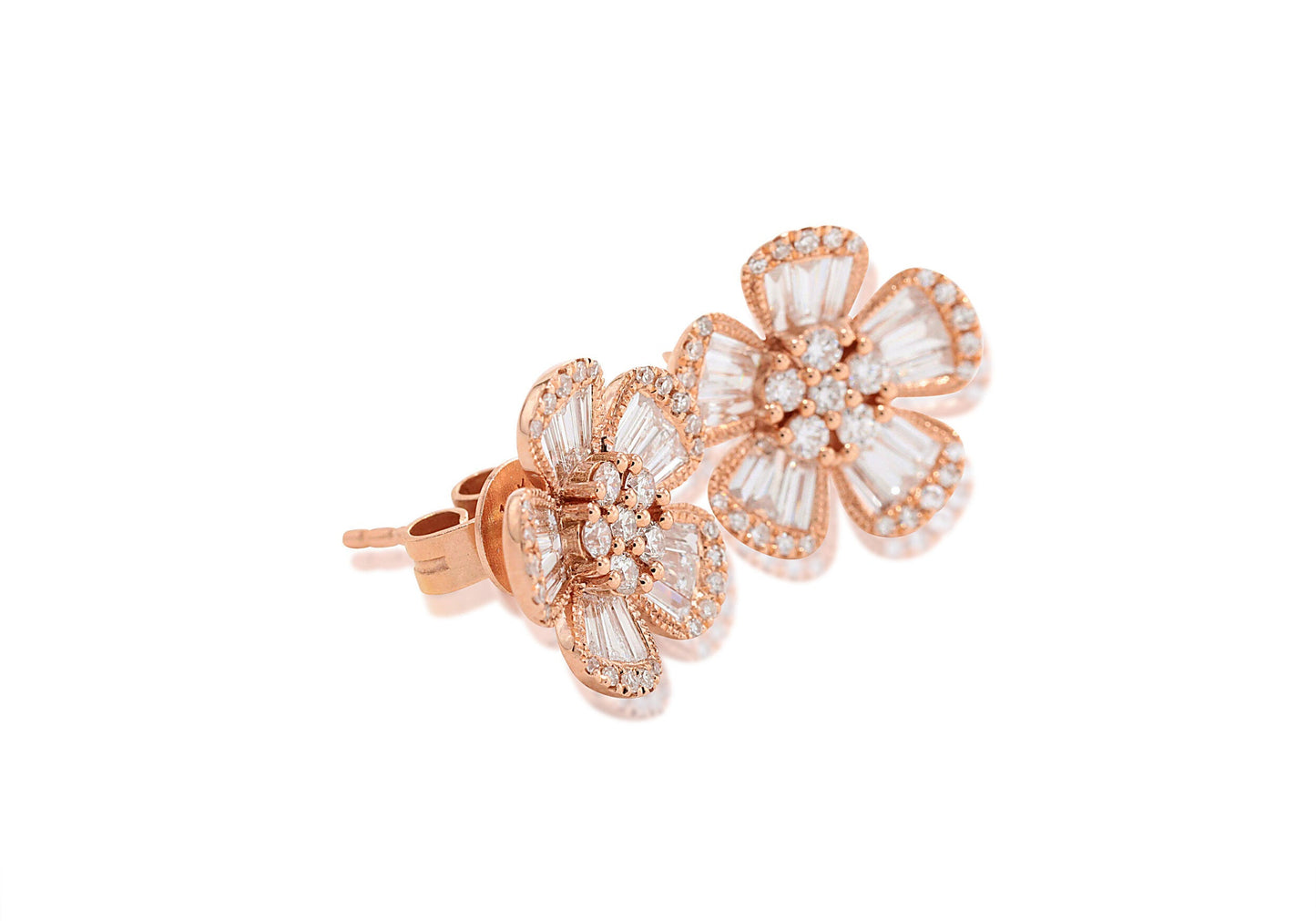 14k Gold, Diamond Pave and Diamond Baguette Flower Studs