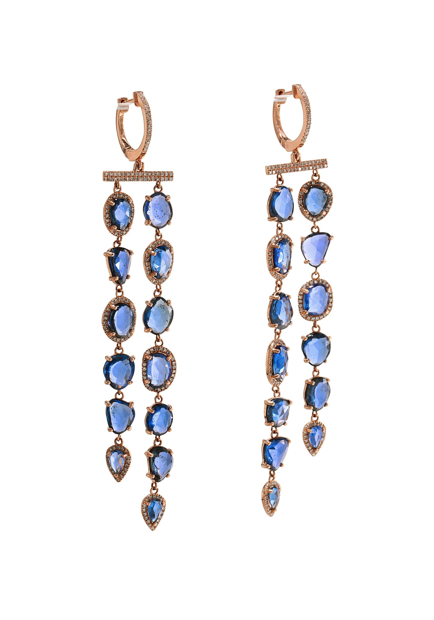 14k Gold, Diamond & Fancy Shape Sapphire Double Row Earrings