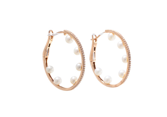 14k Rose Gold Diamond Pave and Pearl Hoops