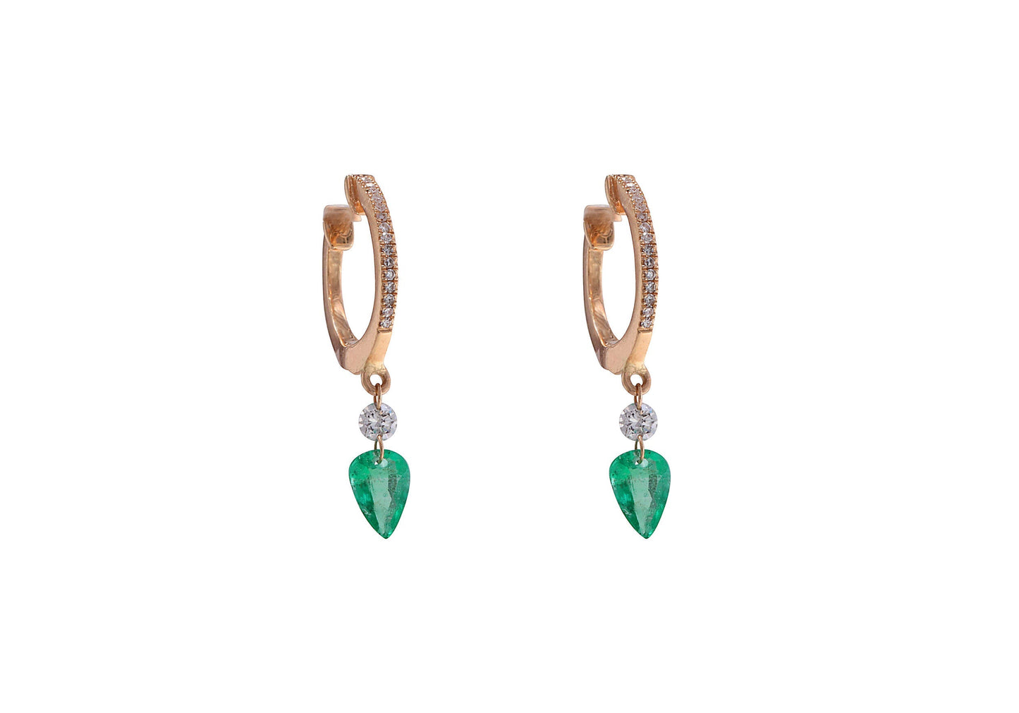 14k Rose Gold Diamond Pave Huggy with Emerald Briolette