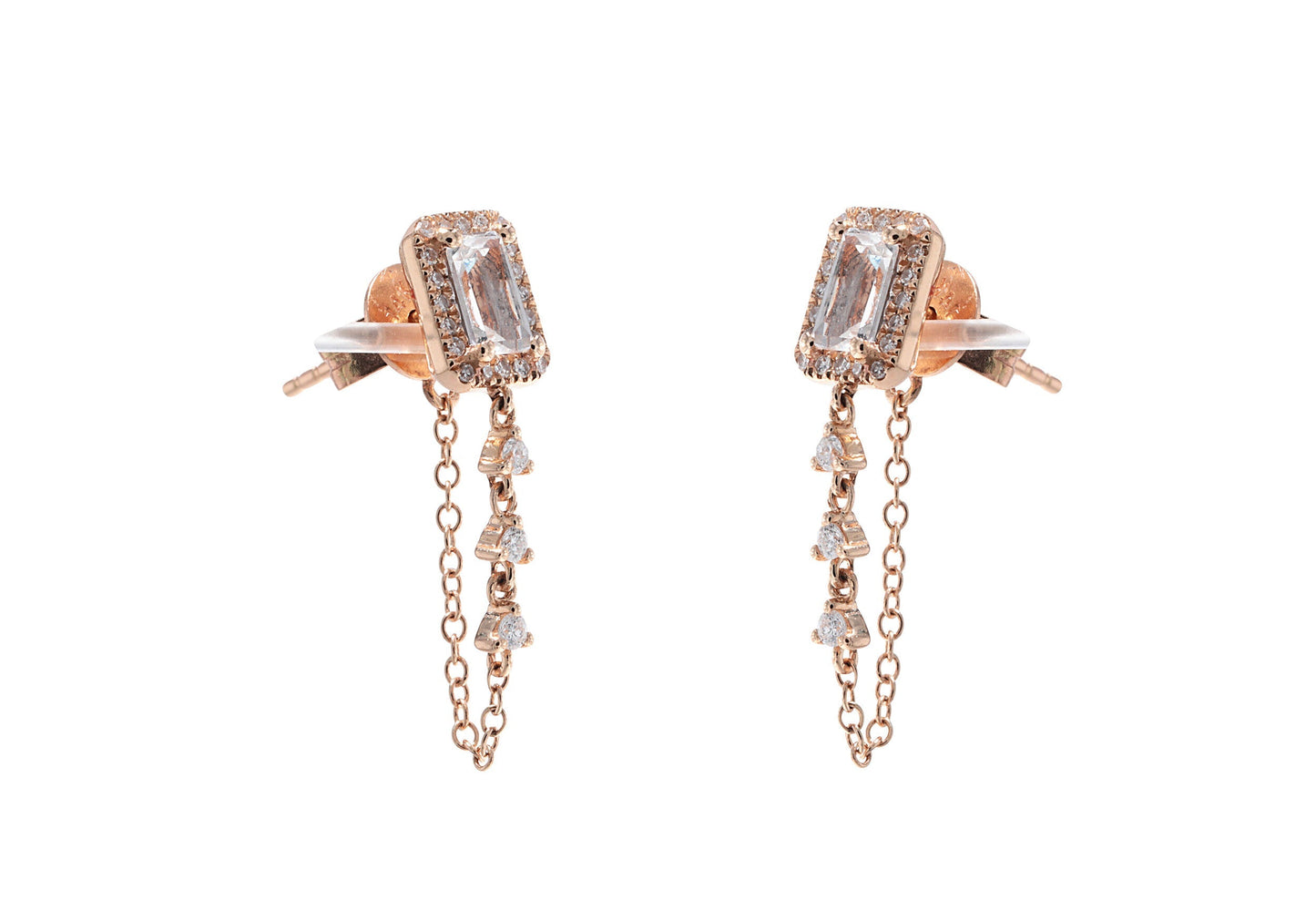 14k Yellow Gold Diamond & White Topaz Studs with Hanging Chain