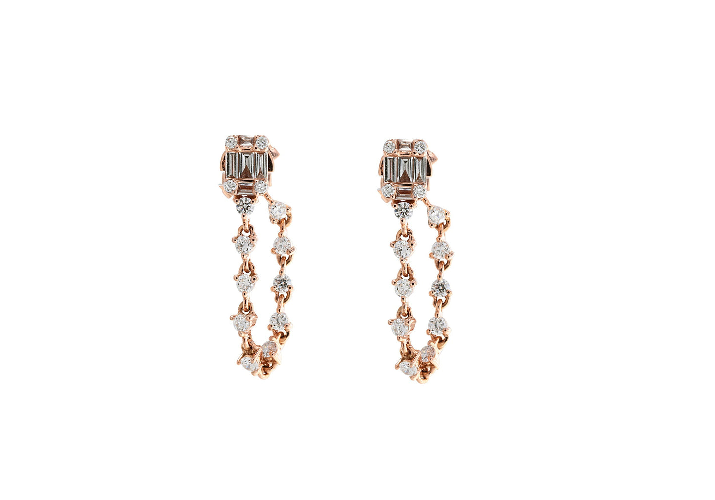 14k Rose Gold Diamond Baguette and Diamond Chain Studs