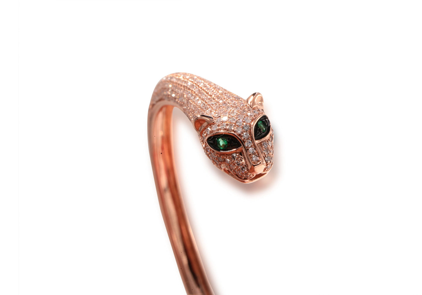 14K Rose Gold Diamond Pave and Emerald Panther Bangle
