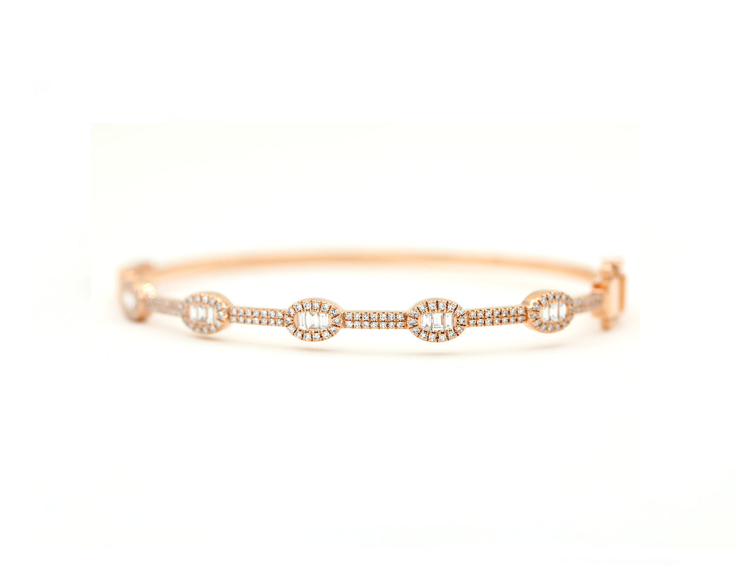 14k rose gold diamond pave and diamond baguette bangle