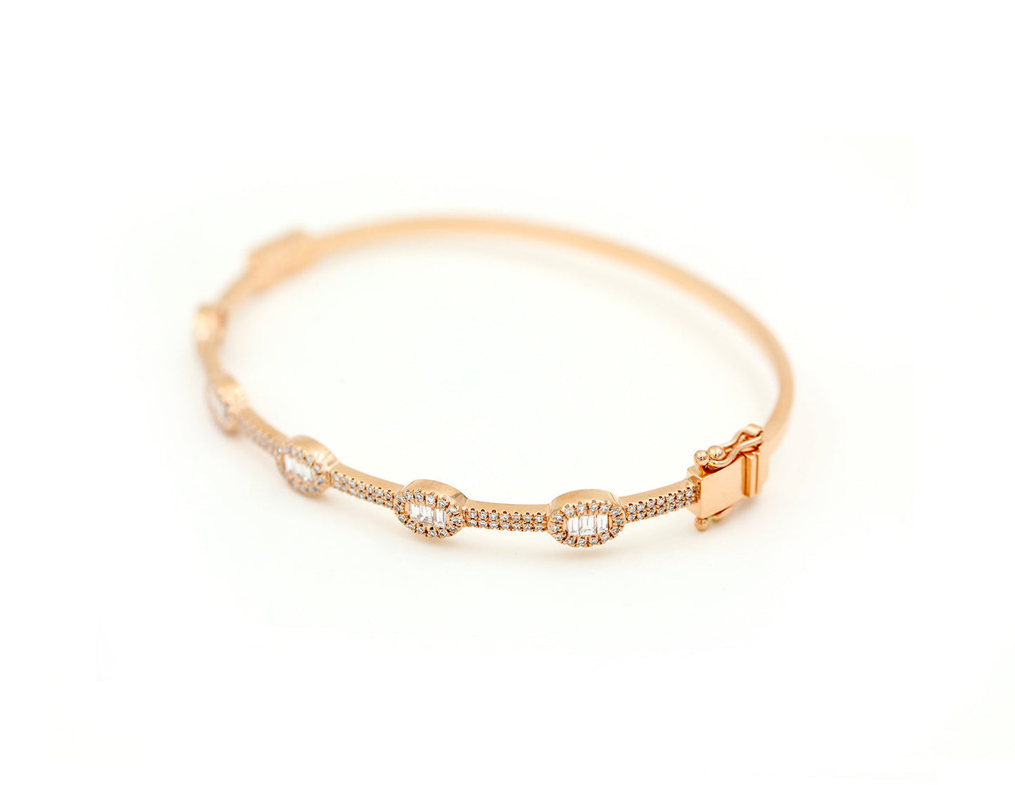 14k rose gold diamond pave and diamond baguette bangle