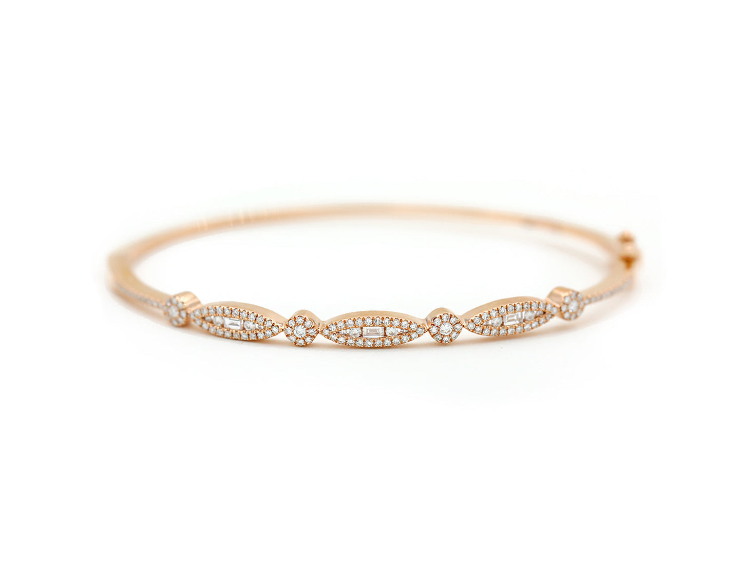 14k Rose Gold Diamond Pave and Diamond Baguette Bangle