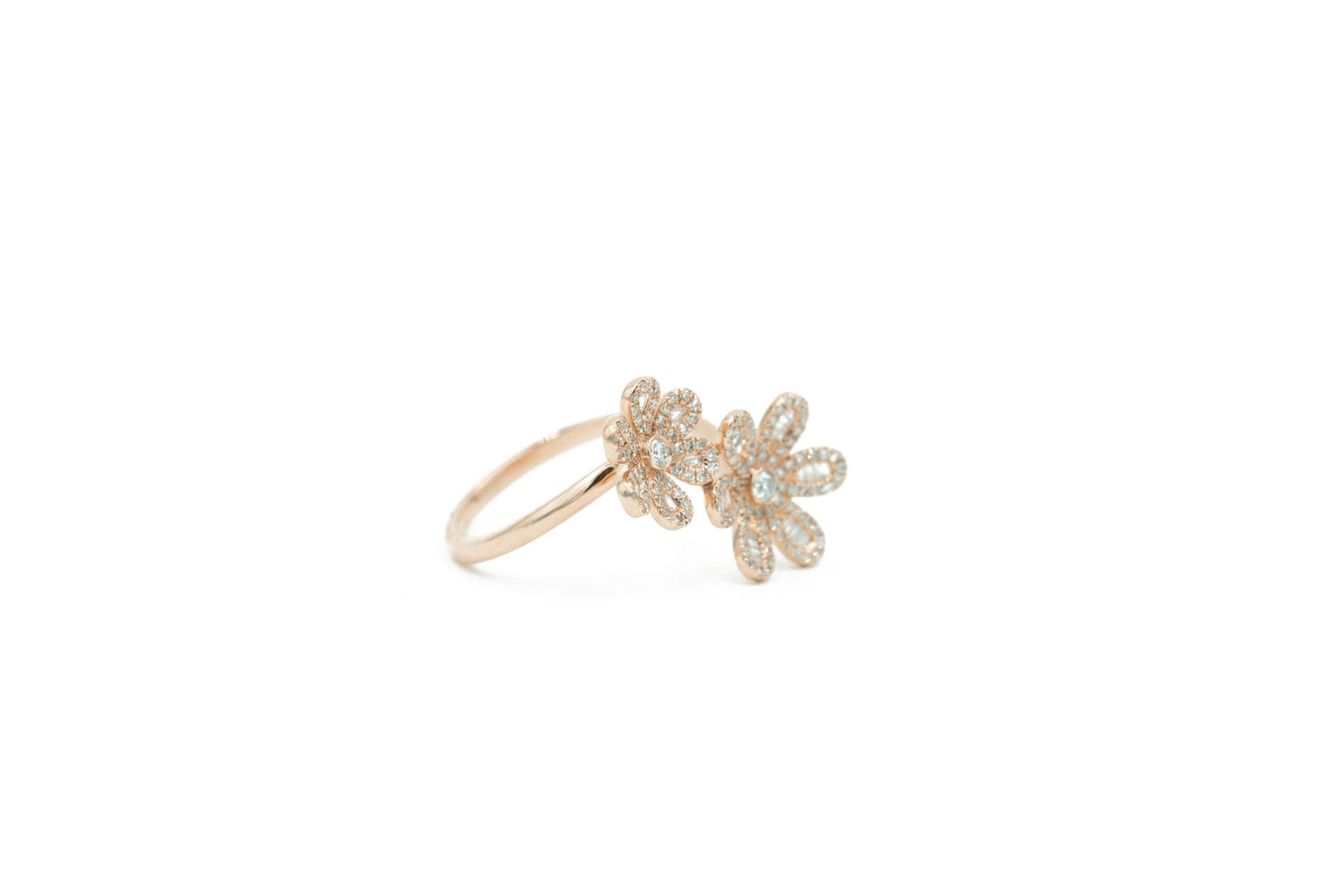 14KT Rose Gold Diamond Pave and Diamond Baguette Double Flower Ring