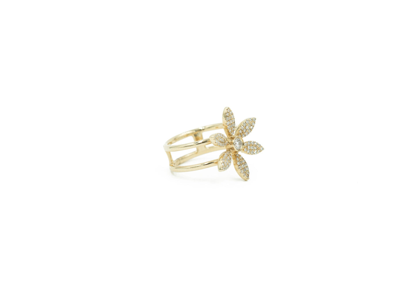 14KT Yellow Gold Diamond Pave Flower Pinky Ring