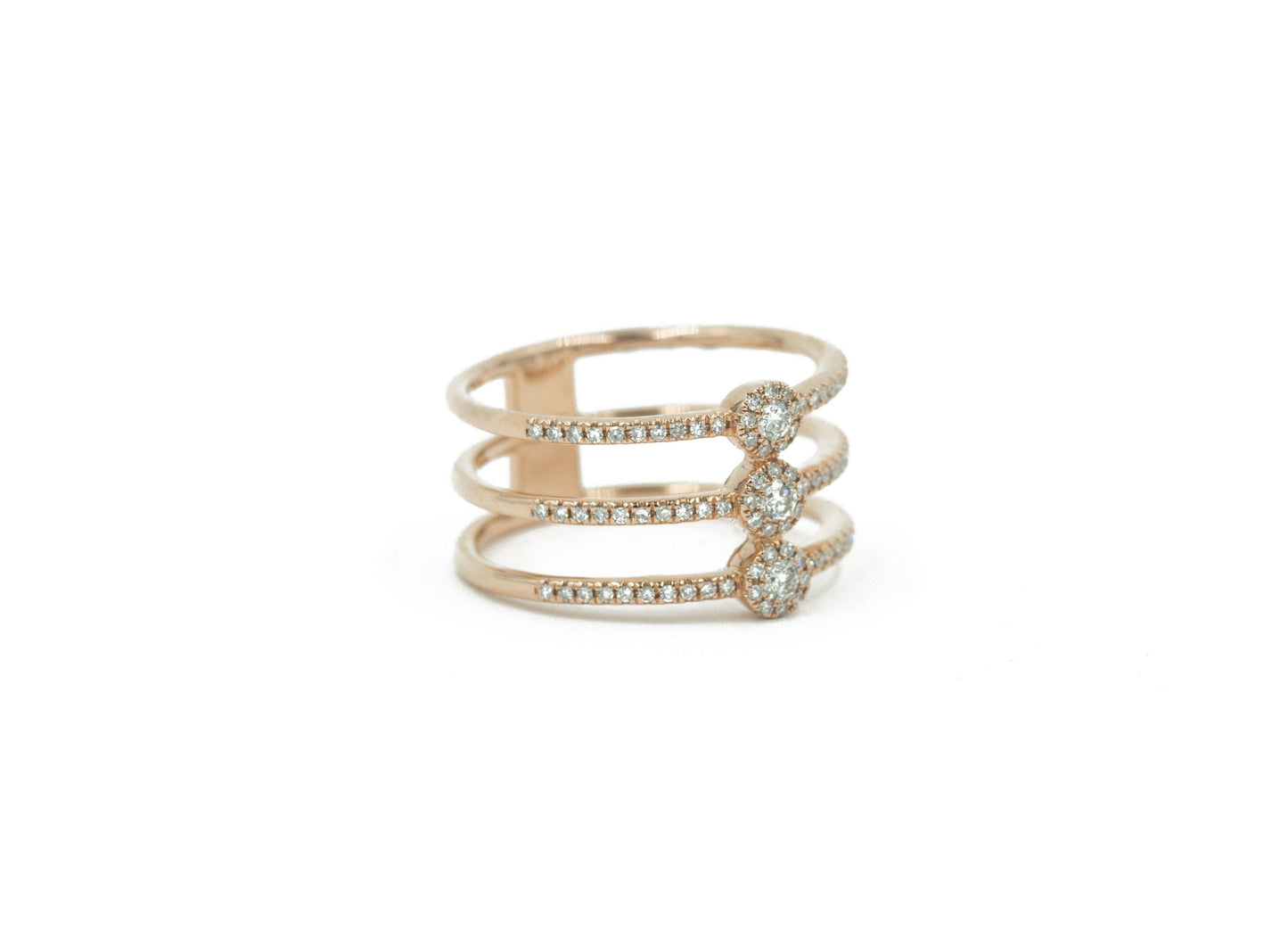 14KT Rose Gold Rose Cut Diamond and Diamond Pave Triple Row Ring