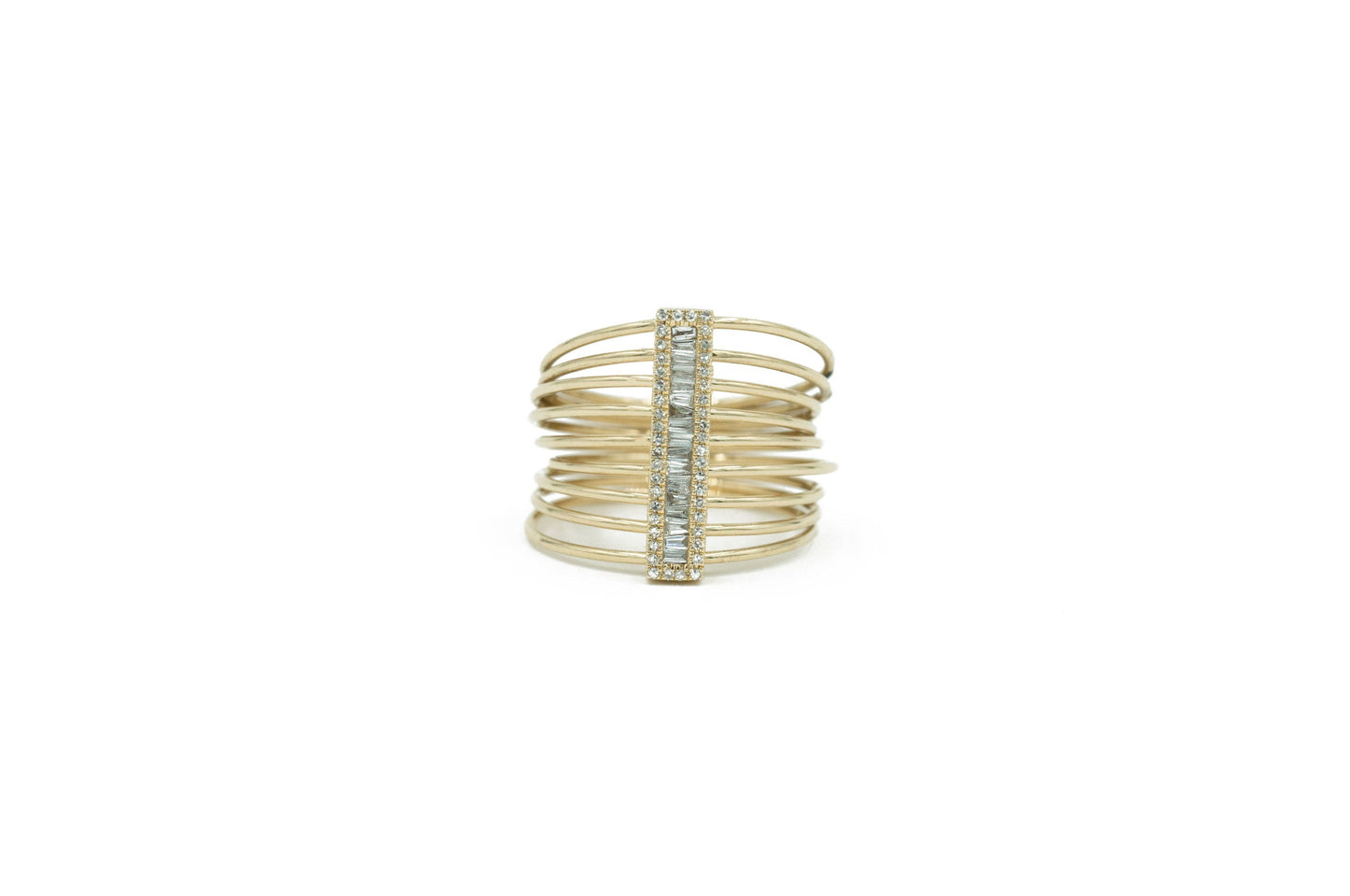 14KT Yellow Gold Multiple Row Band Diamond Baguette Bar Ring