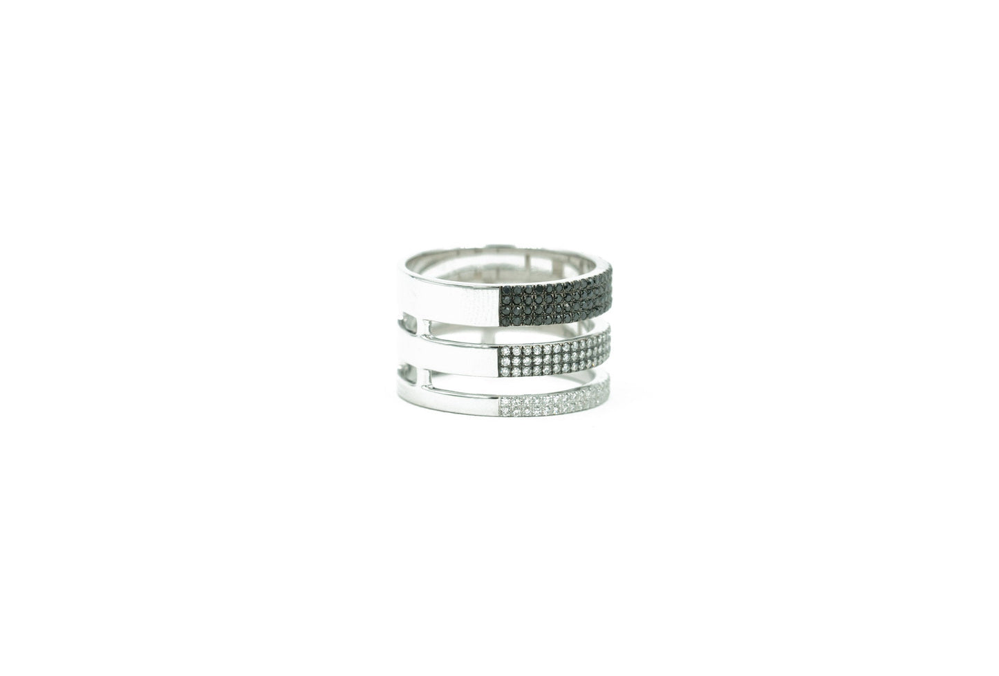 14KT White Gold Black Diamond, Rhodium Diamond and Diamond Triple Row Band