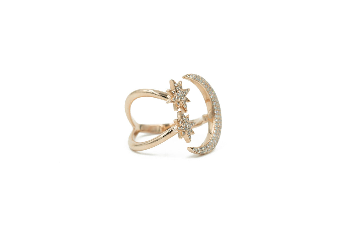 14KT Rose Gold Diamond Pave Moon and Star Ring
