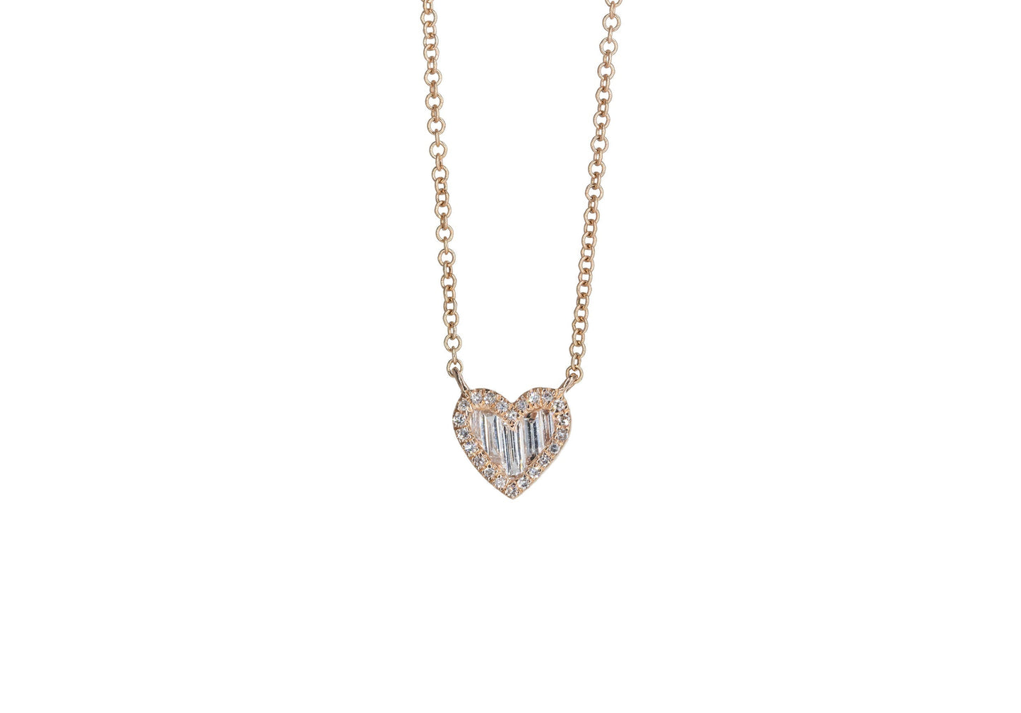 14KT Rose Gold Diamond Pave and Diamond Baguette Heart Necklace