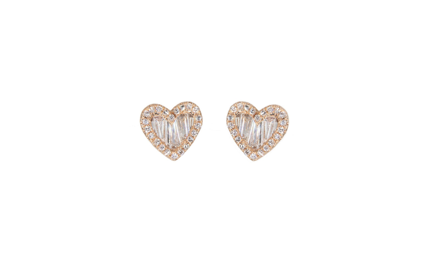 14KT Rose Gold Diamond Pave and Diamond Baguette Heart Studs
